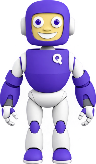 Mascote da Qubitx, um robô roxo e branco